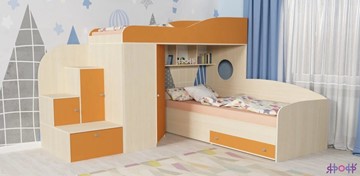 Детская кровать-чердак Кадет-2, корпус Дуб, фасад Оранжевый в Барнауле
