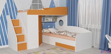 Кровать-чердак в детскую Кадет-2 с универсальной лестницей, корпус Белое дерево, фасад Оранжевый в Барнауле