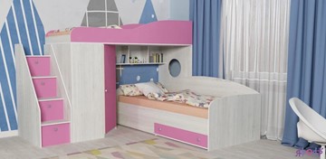 Детская кровать-шкаф Кадет-2 с универсальной лестницей, корпус Винтерберг, фасад Розовый в Барнауле