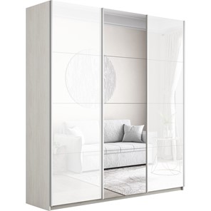 Шкаф 3-дверный Широкий Прайм (2 Стекла Белых / Зеркало) 2400x570x2300, Ясень Анкор светлый в Барнауле