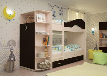 Двухэтажная кровать Мая на щитах со шкафом и ящиками, корпус Млечный дуб, фасад Венге в Барнауле - предосмотр
