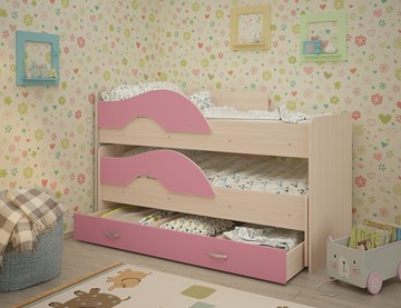 Детская 2-этажная кровать Радуга 1.6 с ящиком, корпус Млечный дуб, фасад Розовый в Барнауле