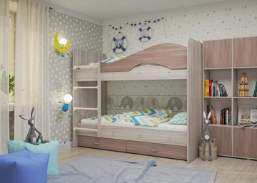 Детская 2-этажная кровать ТМК Мая с 2 ящиками на щитах, корпус Шимо светлый, фасад Шимо темный в Барнауле