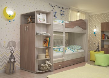 Двухъярусная детская кровать Мая на щитах со шкафом и ящиками, корпус Шимо светлый, фасад Шимо темный в Барнауле - предосмотр