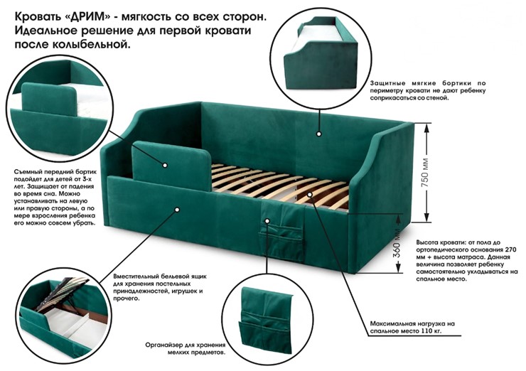 Детская кровать с подъемным механизмом Дрим, Мора зеленый в Барнауле - изображение 10