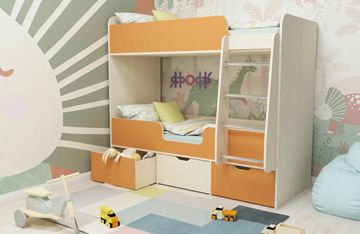 Детская двухъярусная кровать Малыш двойняшка 70х160, корпус Дуб молочный, фасад Оранжевый в Барнауле - предосмотр