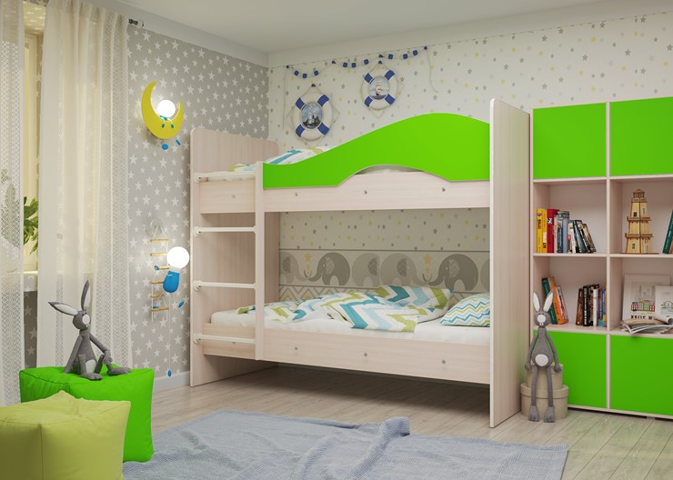 Двухэтажная детская кровать Мая на щитах со шкафом и ящиками, корпус Млечный дуб, фасад Салатовый в Барнауле - изображение 2
