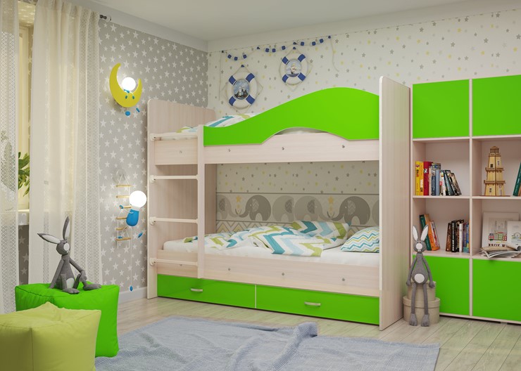 Двухэтажная детская кровать Мая на щитах со шкафом и ящиками, корпус Млечный дуб, фасад Салатовый в Барнауле - изображение 1