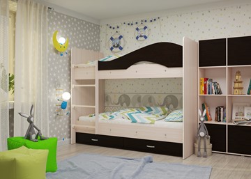 Двухэтажная кровать Мая на щитах со шкафом и ящиками, корпус Млечный дуб, фасад Венге в Барнауле - предосмотр 1