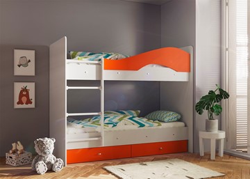 Двухъярусная кровать Мая с 2 ящиками на щитах, корпус Млечный дуб, фасад Оранжевый в Барнауле - предосмотр