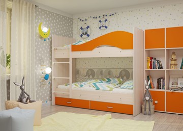 Двухъярусная кровать Мая с 2 ящиками на щитах, корпус Млечный дуб, фасад Оранжевый в Барнауле - предосмотр 3