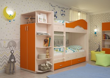 Двухъярусная кровать Мая с 2 ящиками на щитах, корпус Млечный дуб, фасад Оранжевый в Барнауле - предосмотр 1