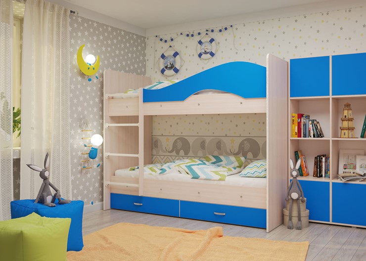 Детская 2-ярусная кровать Мая с 2 ящиками на щитах, корпус Млечный дуб, фасад Синий в Барнауле - изображение 3