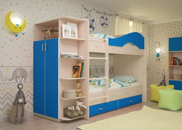 Детская 2-ярусная кровать Мая с 2 ящиками на щитах, корпус Млечный дуб, фасад Синий в Барнауле - предосмотр 1