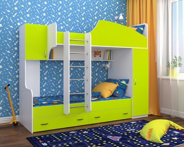 Детская кровать-шкаф Юниор-2, каркас Белое дерево, фасад Лайм в Барнауле