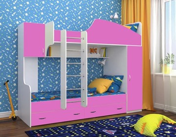 Детская кровать-шкаф Юниор-2, каркас Белое дерево, фасад Розовый в Барнауле