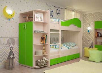 Двухэтажная детская кровать Мая на щитах со шкафом и ящиками, корпус Млечный дуб, фасад Салатовый в Барнауле - предосмотр