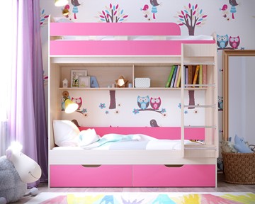 Двухэтажная детская кровать Юниор-5, каркас Дуб, фасад Розовый в Барнауле