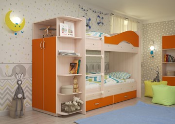 Кровать 2-ярусная Мая на щитах со шкафом и ящиками, корпус Млечный дуб, фасад Оранжевый в Барнауле