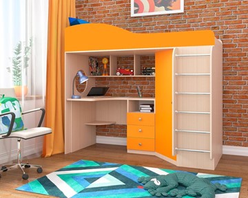 Детская кровать-чердак Кадет-1 с металлической лестницей, корпус Дуб, фасад Оранжевый в Барнауле - предосмотр
