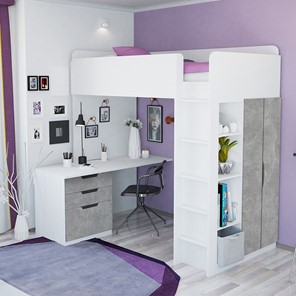 Кровать 2-х ярусная с письменным столом и шкафом POLINI Kids Simple Белый / Бетон в Барнауле - предосмотр 1