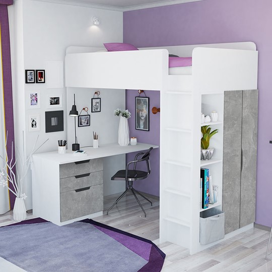 Кровать 2-х ярусная с письменным столом и шкафом POLINI Kids Simple Белый / Бетон в Барнауле - изображение 1