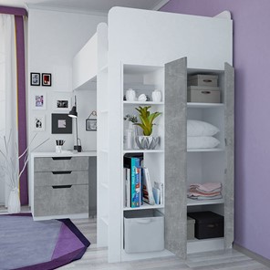Кровать 2-х ярусная с письменным столом и шкафом POLINI Kids Simple Белый / Бетон в Барнауле - предосмотр 2