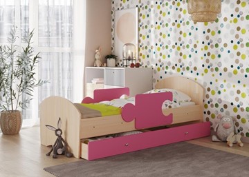 Кровать детская с бортиками и ящиком Мозайка, корпус Млечный дуб/фасад Розовый (ламели) в Барнауле