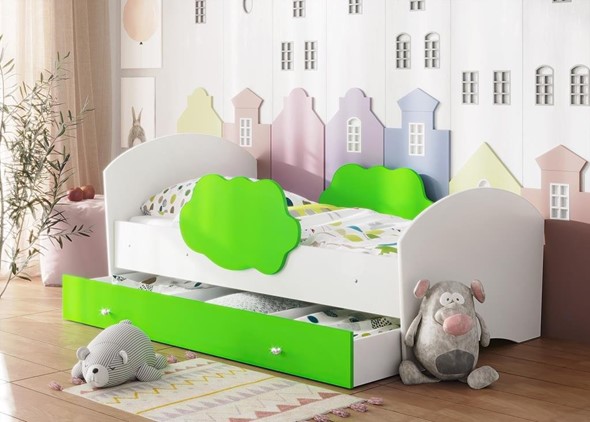 Детская кровать с бортиками Тучка с ящиком, корпус Белый, фасад Лайм в Барнауле - изображение