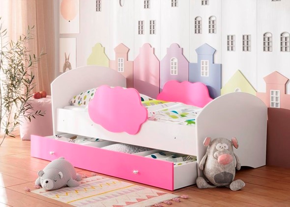 Кровать детская Тучка с ящиком, корпус Белый, фасад Розовый в Барнауле - изображение