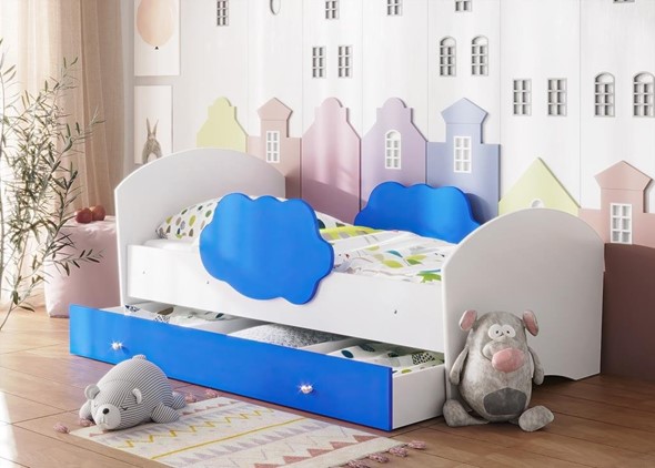 Детская кровать Тучка с ящиком, корпус Белый, фасад Синий в Барнауле - изображение