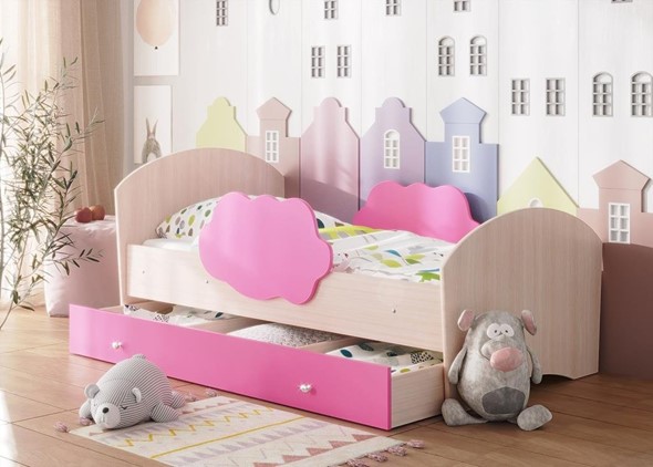 Кровать детская Тучка с ящиком, корпус Дуб млечный, фасад Розовый в Барнауле - изображение