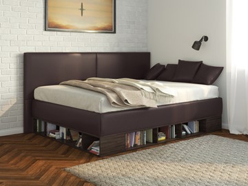 Полуторная детская кровать Lancaster 1, 120х200, ЛДСП венге, экокожа коричневая в Барнауле