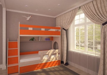 Двухъярусная кровать Ярофф Юниор-1 с бортом, каркас Дуб, фасад Оранжевый в Барнауле