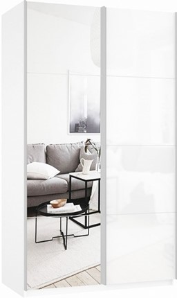 Шкаф 2-створчатый Прайм (Зеркало/Белое стекло) 1400x570x2300, белый снег в Барнауле - изображение