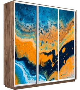 Шкаф 3-створчатый Экспресс 2100х450х2200, Абстракция оранжево-голубая/дуб табачный в Барнауле