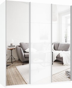 Шкаф Прайм (Зеркало/Белое стекло/Зеркало) 1800x570x2300, белый снег в Барнауле