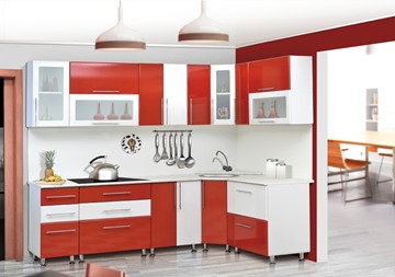 Угловой кухонный гарнитур Мыло 224 2600х1600, цвет Красный/Белый металлик в Барнауле