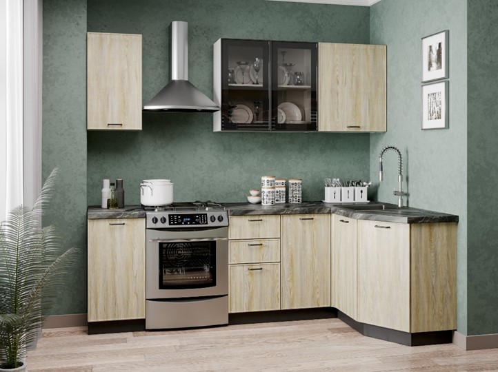 Модульный кухонный гарнитур угловой 2400 Индиго, Белый/Дуб мадейра топаз в Барнауле - изображение
