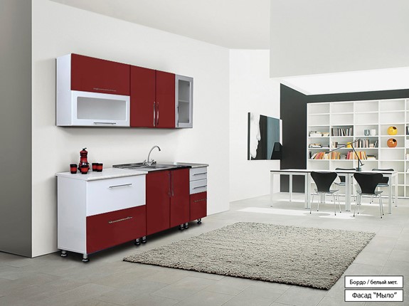 Модульный кухонный гарнитур Мыло 224 2000х718, цвет Бордо/Белый металлик в Барнауле - изображение