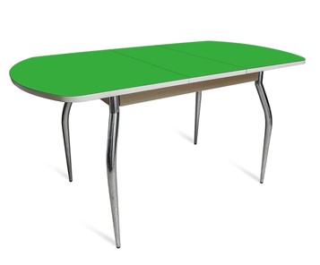 Кухонный стол раскладной ПГ-01 СТ2, дуб молочный/зеленое стекло/35 хром гнутые металл в Барнауле