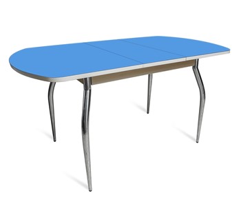 Кухонный раскладной стол ПГ-07 СТ2, дуб молочный/синие стекло/35 хром гнутые металл в Барнауле