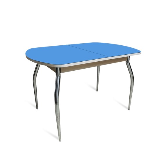 Кухонный стол раздвижной ПГ-01 СТ2, дуб молочный/синие стекло/35 хром гнутые металл в Барнауле - изображение 1