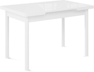 Кухонный раздвижной стол Милан-1 EVO, ноги металлические белые, стекло белое/серый в Барнауле - предосмотр