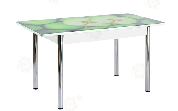Кухонный стол раздвижной Айсберг-01 СТФ, белый/фотопечать зеленые яблоки/ноги хром круглые в Барнауле - изображение