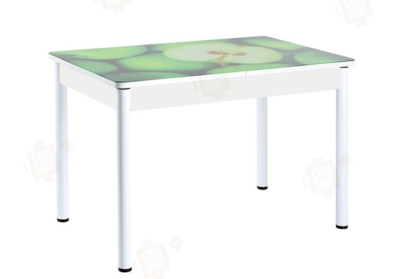 Кухонный стол раскладной Айсберг-01 СТФ, белый/фотопечать зеленые яблоки/ноги крашеные в Барнауле - изображение
