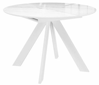 Стеклянный обеденный стол раздвижной DikLine SFC110 d1100 стекло Оптивайт Белый мрамор/подстолье белое/опоры белые в Барнауле