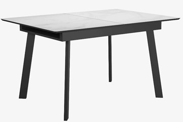 Стеклянный кухонный стол раздвижной DikLine SFA125 Стекло Белый мрамор САТИН/подстолье черное/опоры черные в Барнауле