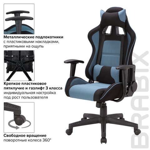 Кресло Brabix GT Racer GM-100 (две подушки, ткань, черное/голубое) 531818 в Барнауле - изображение 9
