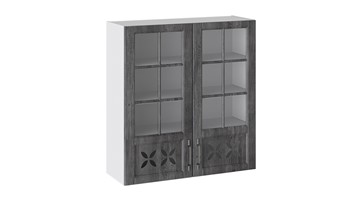 Навесной кухонный шкаф Прованс (Белый глянец/Санторини темный) cо стеклом В_96-90_2ДРДс в Барнауле